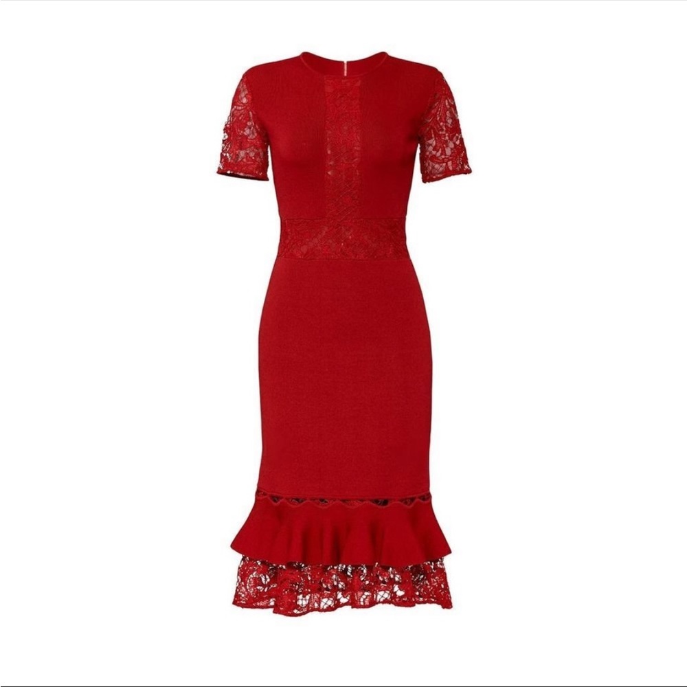 SACHIN & BABI Red Lace Ruffle Hem Dress Size Medium